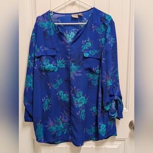 Chico's Women's Blue Floral V-Neck Tunic Blouse Size 3
